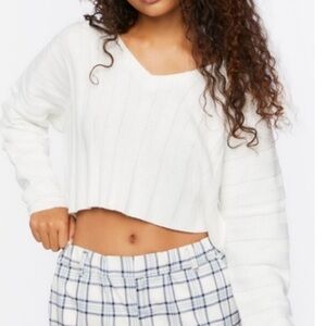 The Pants Store white wide ribbed knit striped cropped V neck sweater medium